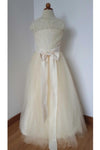 Cheap Floor Length Cream Color Lace Tulle Flower Girl Dress with Open Back