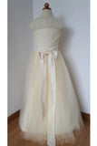 Cheap Floor Length Cream Color Lace Tulle Flower Girl Dress with Open Back