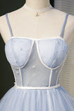 Spaghetti Straps A-Line Sky Blue Fairy Dress Homecoming Dress with Pearls