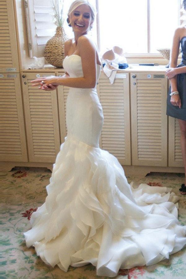 Strapless Mermaid Sweetheart Ruffles Sweep Train Organza Satin Wedding Dresses,N461