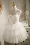 White Party Dress With Appliques Floral Dress Mini Homecoming Dress