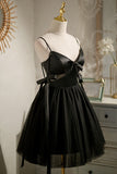Lovely Black Satin Tulle Mini Dress Homecoming Dress