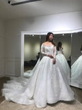 Luxurious Ball Gown Long Sleeves Court Train White Lace Applique Wedding Dress N429