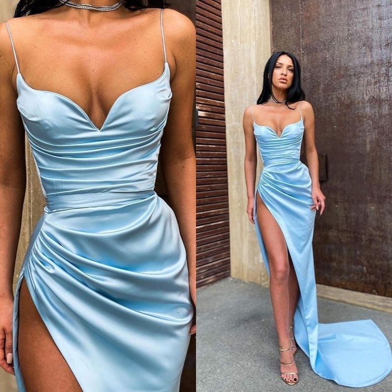 Baby Blue Sweep Train Spaghetti-Strap Mermaid Prom Dress With Split PD0557