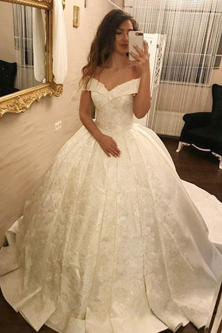 Ivory Ball Gown Off-the-Shoulder Pleated Satin Lace Appliques Wedding Dress,N647