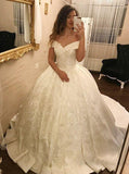 Ivory Ball Gown Off-the-Shoulder Pleated Satin Lace Appliques Wedding Dress N647