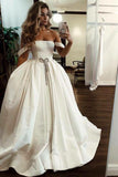 Puffy Off the Shoulder Satin Long Wedding Dress With Pockets N2095