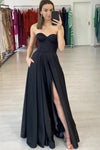 Satin A-Line High Slit Strapless Black Sweetheart Long Prom Dress