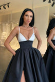 Black and White Sheath Floor Length Spaghetti-Straps Long Prom Dress PD0116