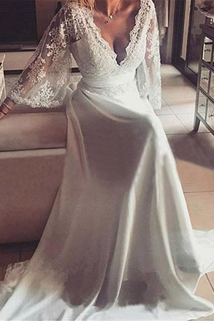Romantic Boho V Neck Lace Appliques Chiffon Long Beach Wedding Dress with Sash,N629