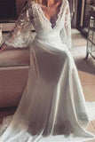 Romantic Boho V Neck Lace Appliques Chiffon Long Beach Wedding Dress with Sash,N629