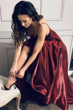 Burgundy V-Neck Satin A-Line Formal Dress Thin Straps Evening Dress Long Prom Dress