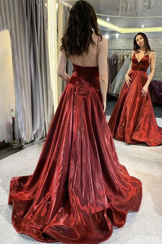 Burgundy V-Neck Satin A-Line Formal Dress Thin Straps Evening Dress Long Prom Dress