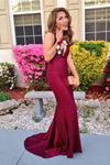 Burgundy V-Neck Silk Like Satin Sleeveless Prom Dress PD0258