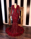 Burgundy Sequins V-Neck Long Sleeves Mermaid Prom Dress Feather PD0723