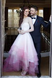 A-line Colorful Pink and White Long Sleeves Sheer Tulle Long Wedding Dresses,Bridal Gown,N486