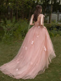 Charming Pink 3D Flowers Tulle A-line Long Evening Gown Prom Dress