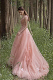 Charming Pink 3D Flowers Tulle A-line Long Evening Gown Prom Dress