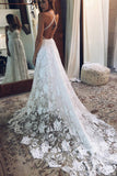 A Line Straps Long Split V Neck Lace Beach Wedding Dress Lace Bridal Dress N937