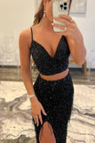 Black Sequin Mermaid Two Pieces Tassle Evening Dress Long Prom Gown