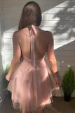 Deep V Neck Pink Lace up Tulle Short Homecoming Dress