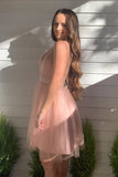 Deep V Neck Pink Lace up Tulle Short Homecoming Dress