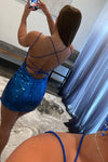 Blue Shiny Sequins Lace Up Short Homecoming Dress