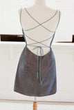 Blue Pretty Spaghetti Straps Backless Lace Up Short Homecoming Dress