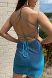 Blue Pretty Spaghetti Straps Backless Lace Up Short Homecoming Dress