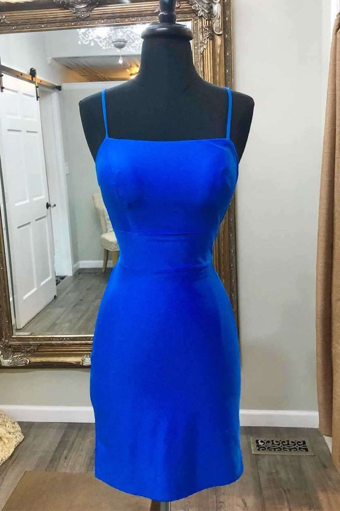 Sexy Spaghetti Straps Tight Straight Blue Short Prom Dress, Homecoming Dress