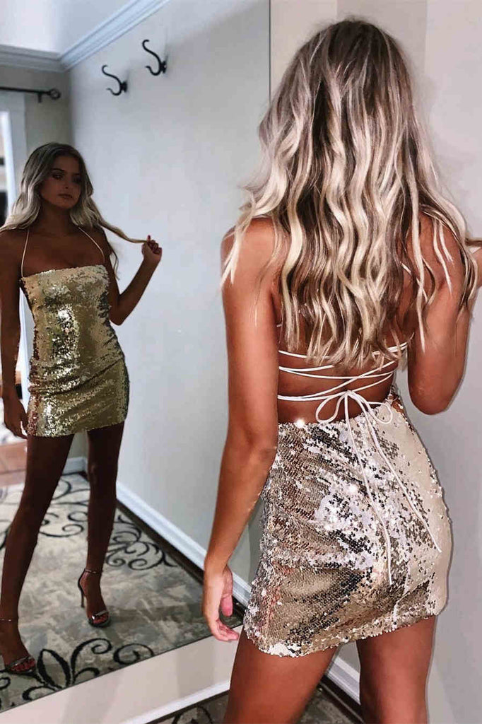 Sexy Sparkling Spaghetti Strap Sequins Short Prom Dress, Homecoming Dress