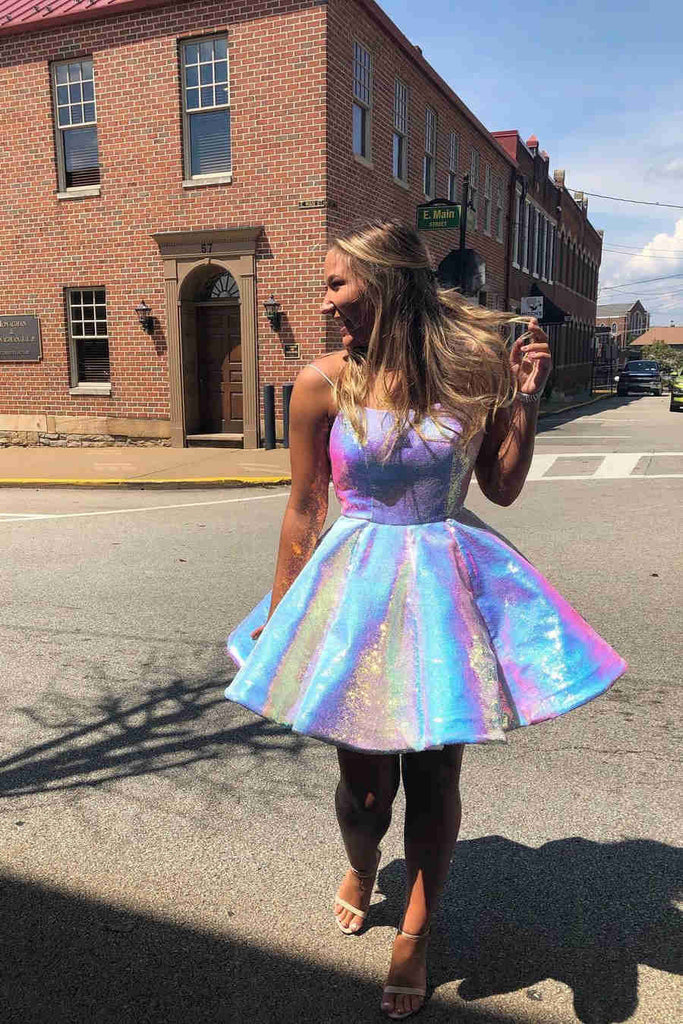 Shiny Spaghetti Straps A-line Short Prom Dress, Homecoming Dress