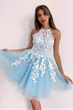 A-line Applique Tulle Sky Blue Short Prom Dress, Homecoming Dress