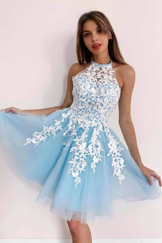 A-line Applique Tulle Sky Blue Short Prom Dress, Homecoming Dress