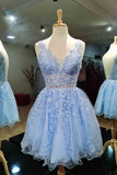 Sleeveless Rolled Lace V-Neck Blue Short Prom Dress, Homecoming Dress