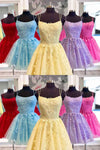 A-line Blue Spaghetti Straps Lace Short Prom Dress, Homecoming Dress