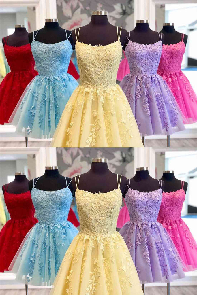 A-line Blue Spaghetti Straps Lace Short Prom Dress, Homecoming Dress