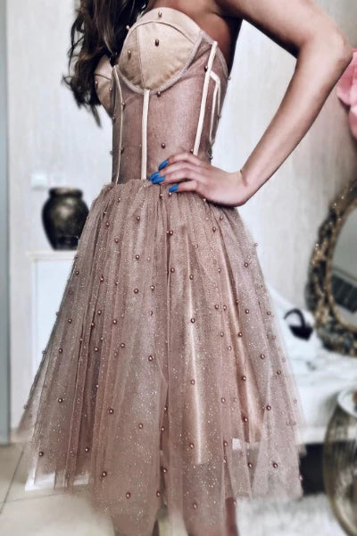 A-line Sleeveless Dusty Rose Tulle Short Prom Dress, Homecoming Dress