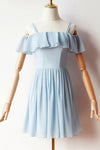 A-line Blue Cold Sleeves Chiffon Short Prom Dress, Homecoming Dress