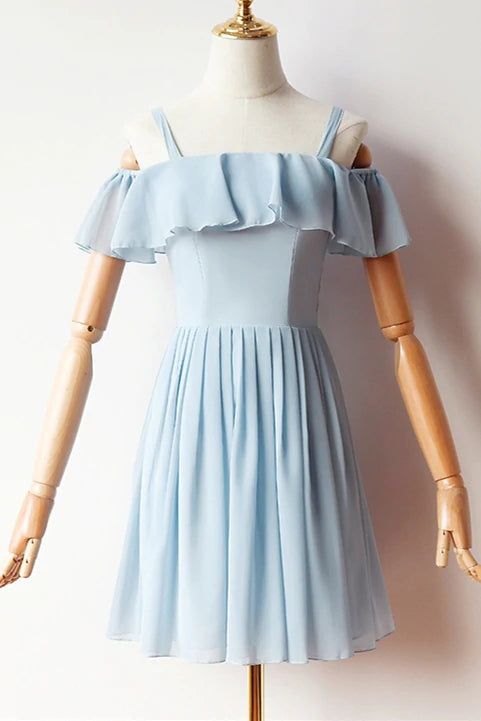 A-line Blue Cold Sleeves Chiffon Short Prom Dress, Homecoming Dress