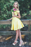 Two Pieces Yellow Off the shoulder Stain Short Prom Dress, Homecoming Dress