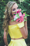 Two Pieces Yellow Off the shoulder Stain Short Prom Dress, Homecoming Dress
