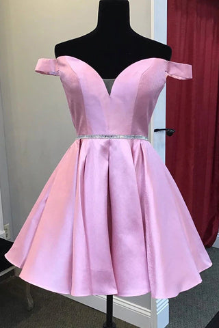 Pink A-Line Off the Shoulder Homecoming Dress With Beaded Waist