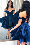 Navy Blue A-Line Off The Shoulder Lace Up Homecoming Dress