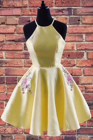 Yellow Halter Embroidered Stain Homecoming Dress With Pockets