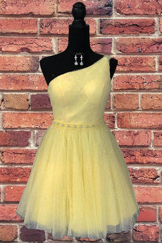 Yellow One Shoulder Tulle Beading Homecoming Dress