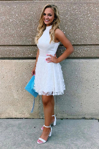 White Halter Lace Appliques Homecoming Dress