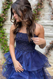 Charming Blue Strapless Lace Appliques Organza Short Homecoming Dresses