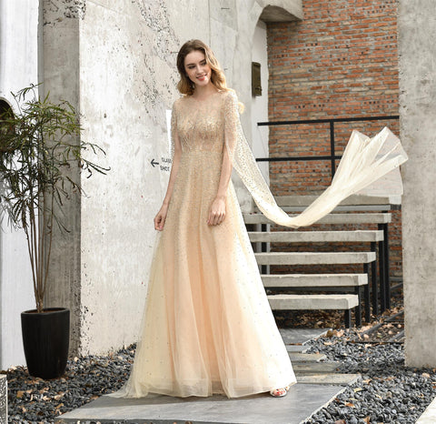 Beaded Jewel A-line Lace Floor Length Evening Gowns