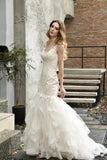 V-neck Sleeveless Mermaid Embroidery Tulle Wedding gown